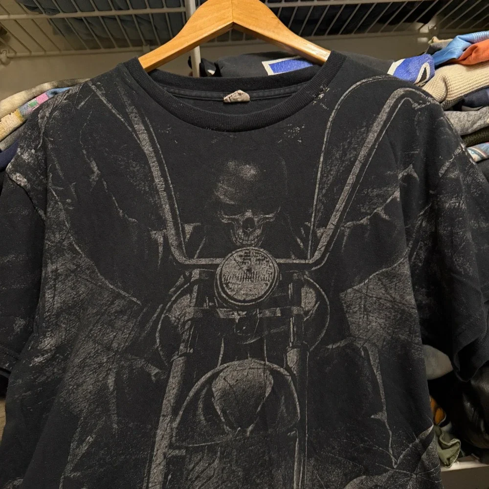 Y2K Miami Ink T Shirt Mens Large Black Skull Motorcycle Graphic All Over Print‎